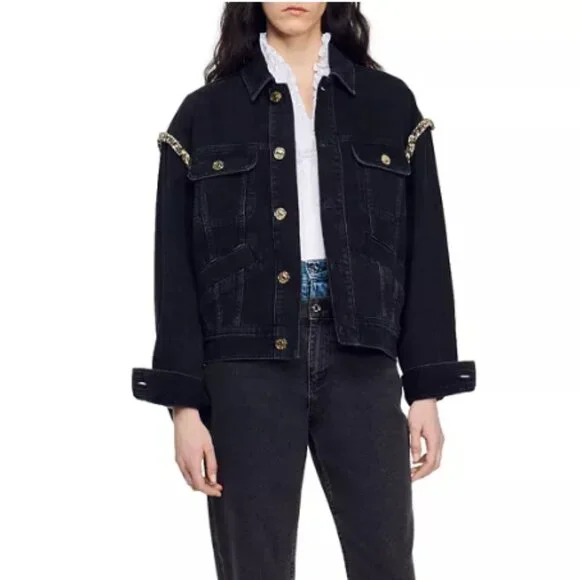 Sandro Paloma Embellished Faded Denim Jacket - Size 38 (6 US) - Picture 2 of 5
